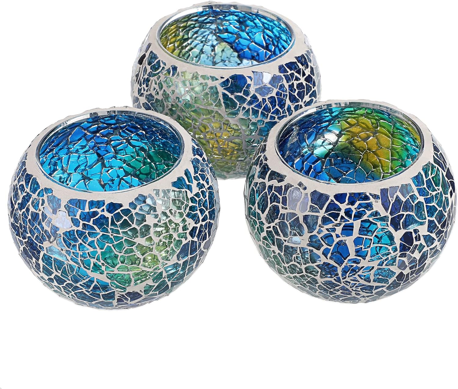 Candle Holder Set - Set of 3 Blue Mosaic Glass