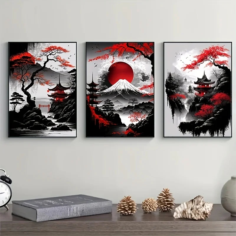 Lighting Mcqueen Wall Decor - 3pcs Frameless Japanese Natural Landscape Canvas