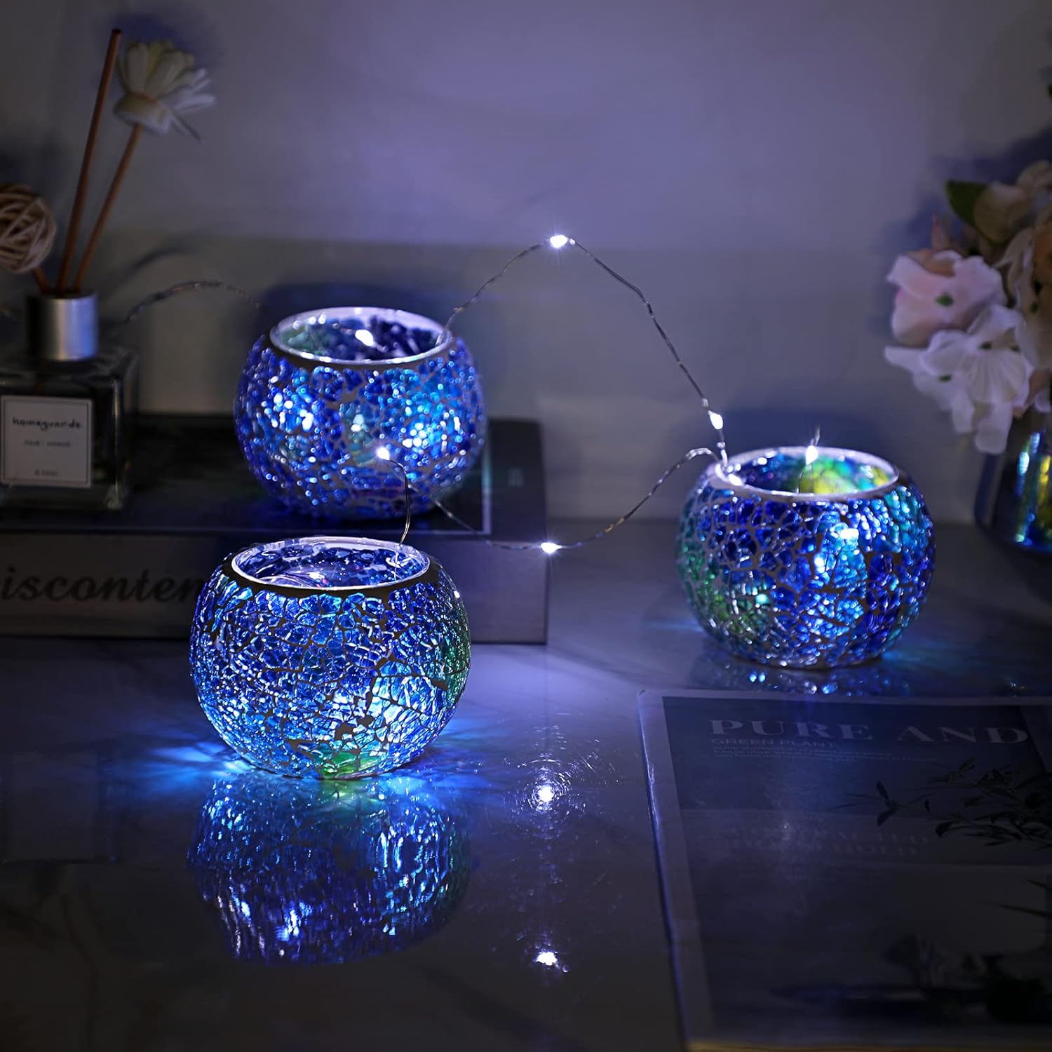 Set of 3 Blue Mosaic Glass Tea - Candle Holder Set ulasan dan harga
