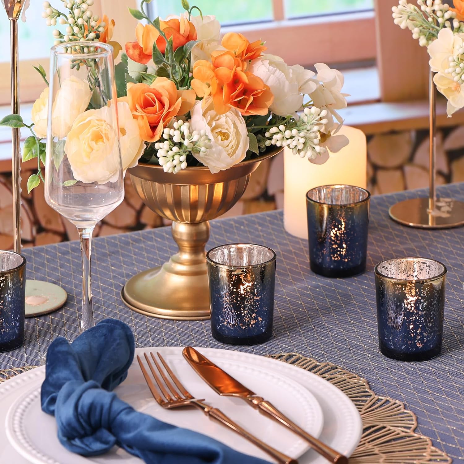 Navy Mercury Glass Tealight Ca - Candle Holder Set ulasan dan harga